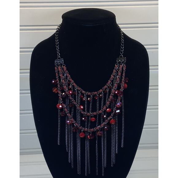 Gunmetal Gray 3 Tier Red Bead & Chain Fringe Bold Statement Unusual Bib Necklace - Picture 1 of 9